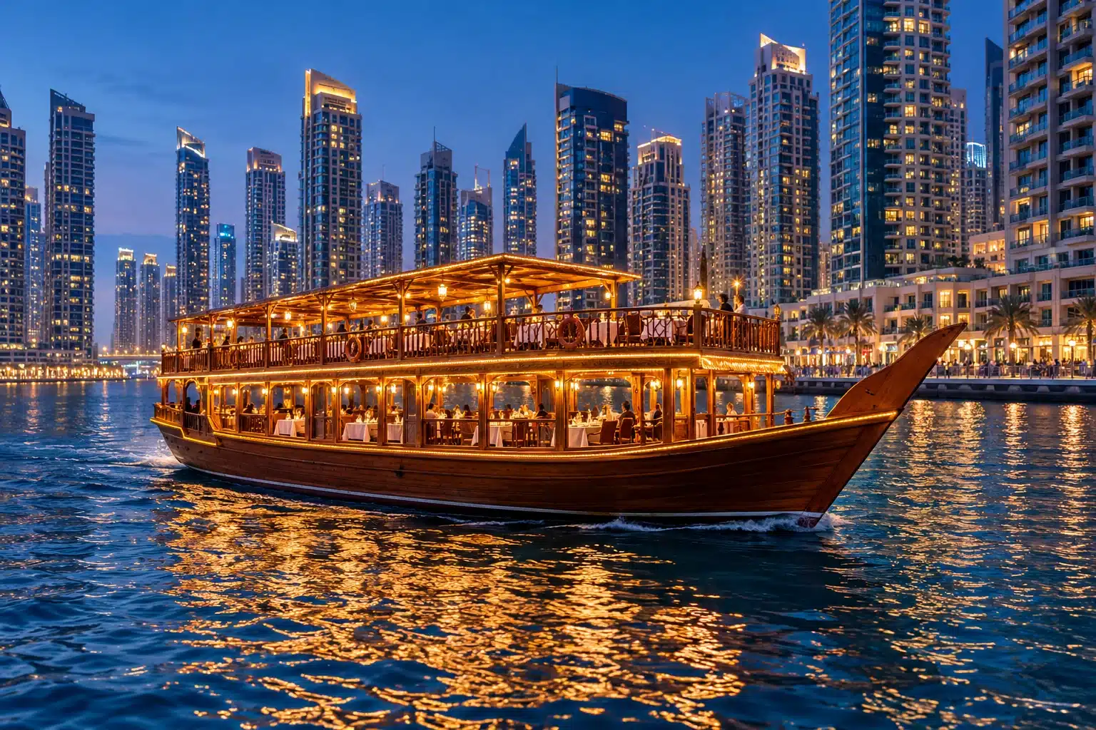 Illustration of a traditional dhow dinner cruise with the Dubai Marina skyline at dusk