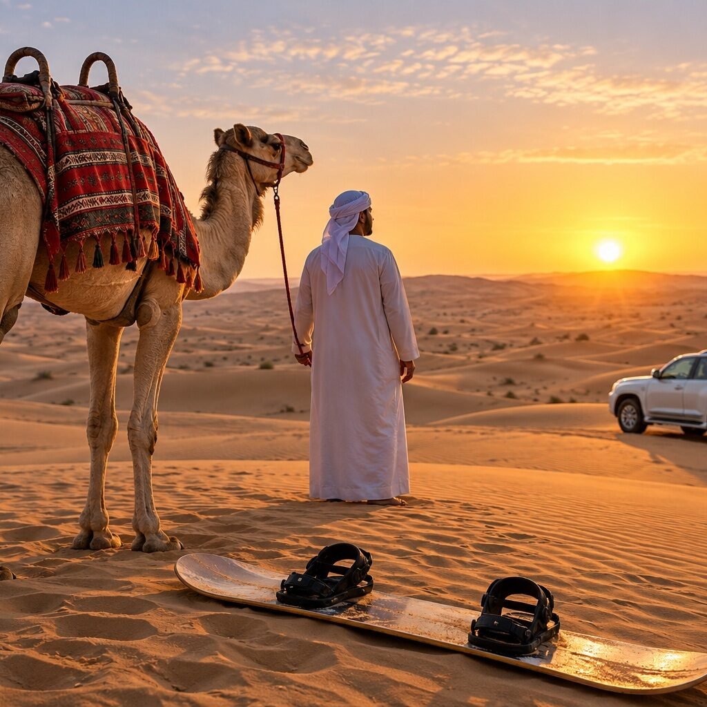Private Morning Desert Safari with Camel Ride & Sand Board
