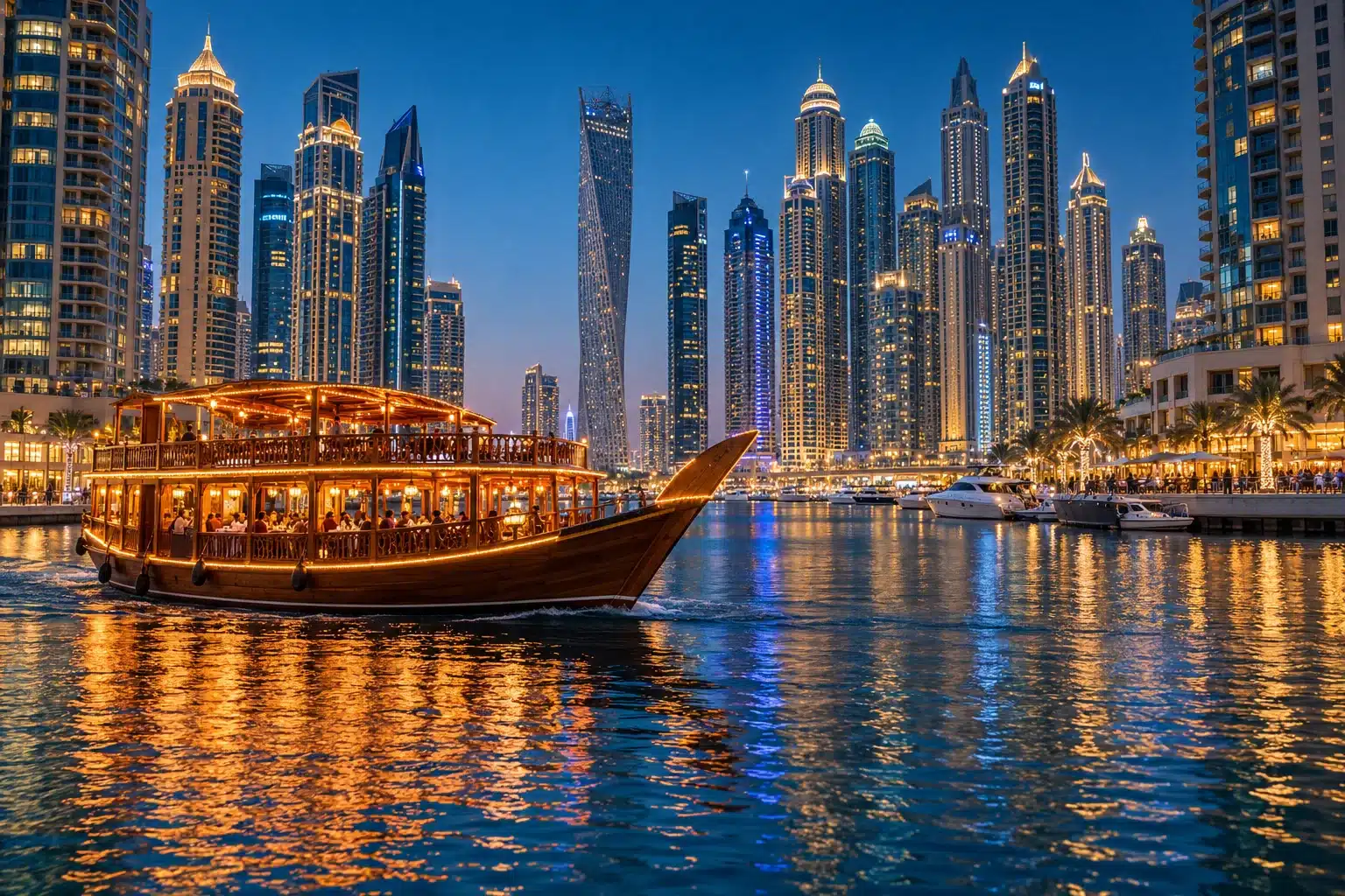 Traditional dinner dhow at Dubai Marina after sunset