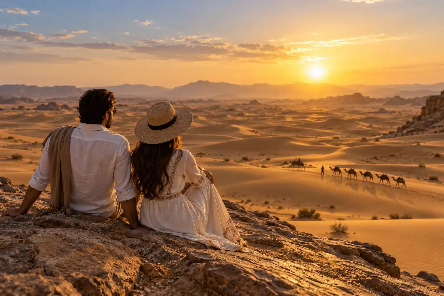 Couple enjoying a golden sunset over Arabian desert dunes